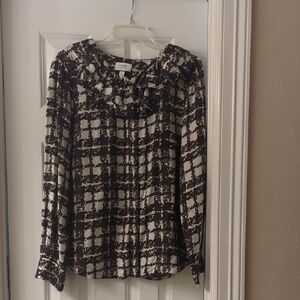 J. Crew Black, Brown and White Ruffle-Neck Long-Sleeve Blouse